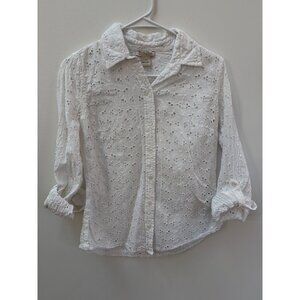 Lucky Brand Womens White Eyelet Button-Up Shirt Small 100% Cotton Made In India
